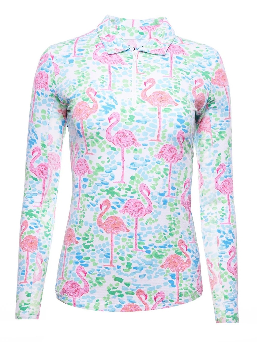 Ibkul Icifil Long Sleeve Sun Shirt: Flamingo Turquoise/Pink Print Zip Mock - SPF